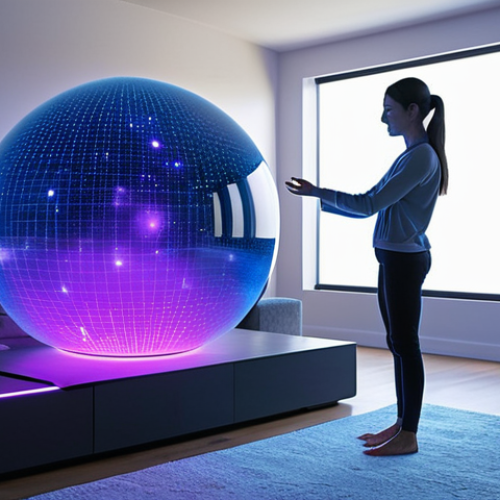 Home 11 **
A person interacting with a holographic AI assistant in a modern, minimalist living room. The assistant is depicted as a friendly, glowing orb or figure. The scene should convey a sense of ease and convenience but with a slightly detached or isolated feeling. Emphasize cool, futuristic colors like blues and purples.
**