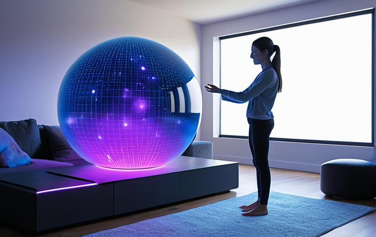 **

A person interacting with a holographic AI assistant in a modern, minimalist living room. The assistant is depicted as a friendly, glowing orb or figure. The scene should convey a sense of ease and convenience but with a slightly detached or isolated feeling. Emphasize cool, futuristic colors like blues and purples.
**